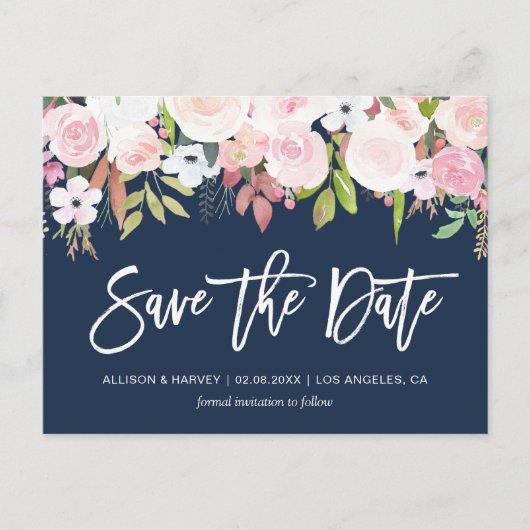 Blush roze bloemenmarineblauw Save the date Briefkaart (Voorkant)