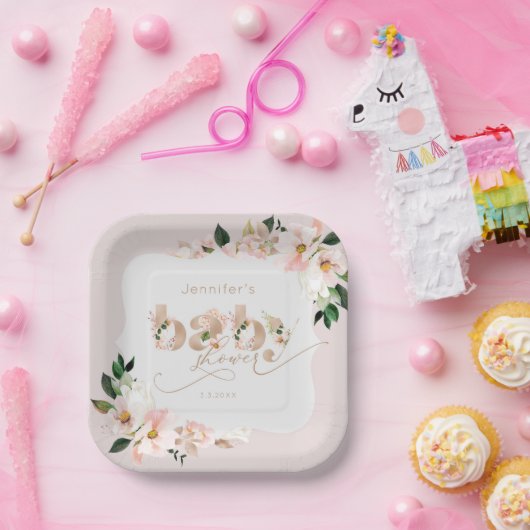 Blush roze bloemenmeisje baby shower beugel vorm papieren bordje (Feest)
