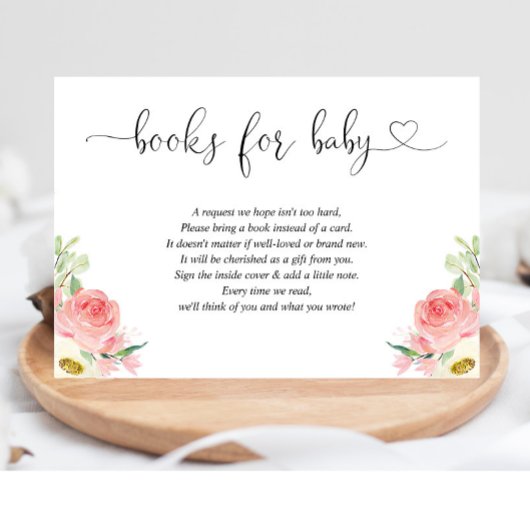 Blush roze bloemenmeisje baby shower boek aanvraag informatiekaartje