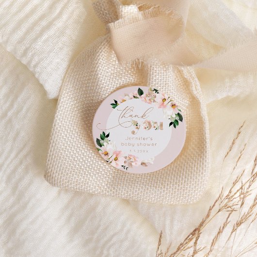 Blush roze bloemenmeisje baby shower dank u ronde sticker