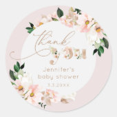 Blush roze bloemenmeisje baby shower dank u ronde sticker (Voorkant)