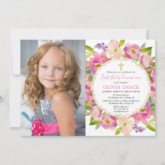 Blush roze bloemenpastels Eerste Communie foto Kaart (Voorkant)