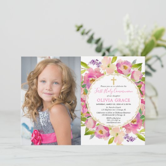 Blush roze bloemenpastels Eerste Communie foto Kaart (Staand voorkant)