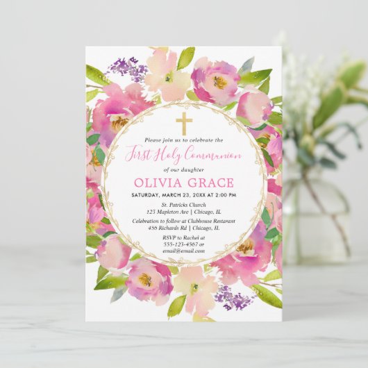 Blush roze bloemenpastels Eerste Heilige Communie Kaart (Staand voorkant)