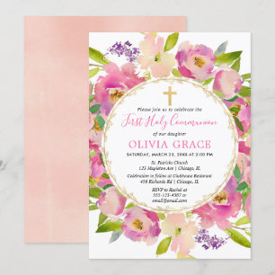 Blush roze bloemenpastels Eerste Heilige Communie Kaart