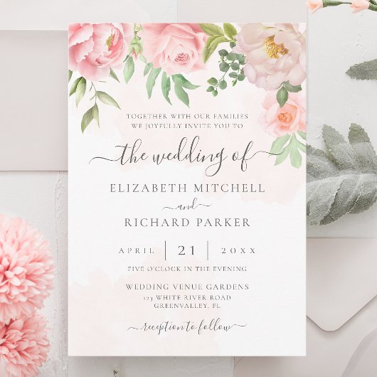 Blush roze bloemenpioen alles in een QR-code bruil Kaart