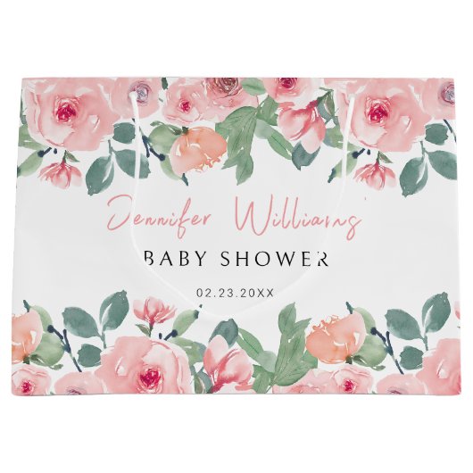 Blush roze bloemenpioenen baby shower geschenkzakk groot cadeauzakje (Voorkant)