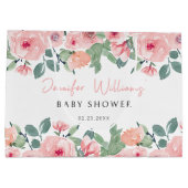 Blush roze bloemenpioenen baby shower geschenkzakk groot cadeauzakje (Achterkant)