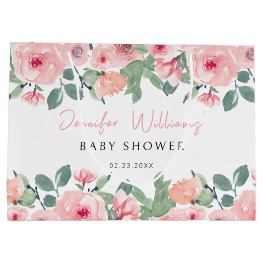 Blush roze bloemenpioenen baby shower geschenkzakk groot cadeauzakje (Achterkant)