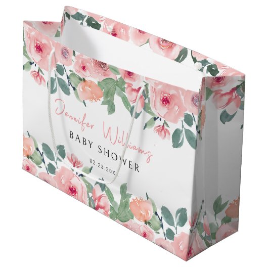 Blush roze bloemenpioenen baby shower geschenkzakk groot cadeauzakje (Voorkant Gekanteld)
