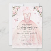 Blush roze bloemenprinses jurk quinceanera kaart (Voorkant)