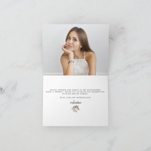Blush roze bloemenquinceanera foto bedankkaart (Binnen)
