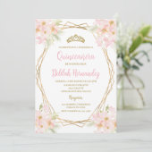 Blush roze bloemenquinceañera uitnodiging (Staand voorkant)