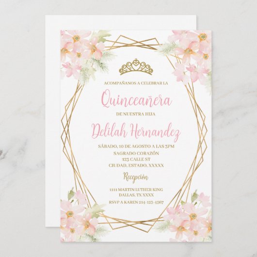 Blush roze bloemenquinceañera uitnodiging (Voorkant / Achterkant)