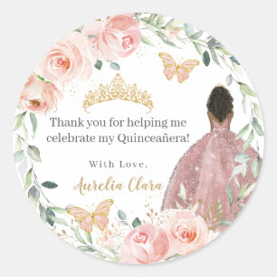 Blush roze bloemenquinceañera verjaardag bruin mei ronde sticker