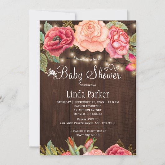 Blush roze bloemenschuur hout baby shower kaart (Voorkant)