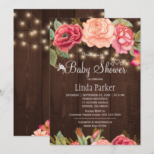 Blush roze bloemenschuur hout baby shower kaart (Voorkant / Achterkant)