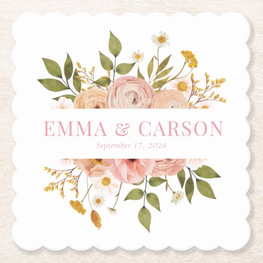  blush roze bloementuin bruiloft gunst kartonnen onderzetters (Voorkant)