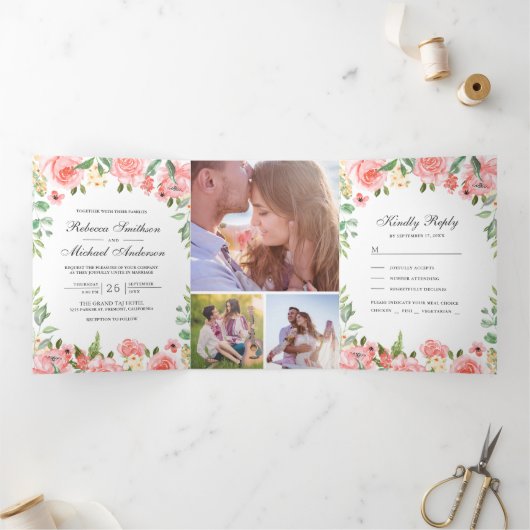 Blush Roze Bloementuin Foto Collage Bruiloft Drieluik Uitnodiging (Binnen)