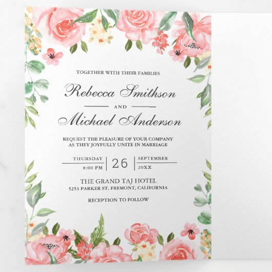 Blush Roze Bloementuin Foto Collage Bruiloft Drieluik Uitnodiging (Binnenzijde eerst)