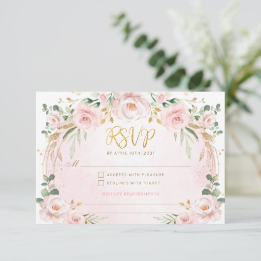 Blush Roze Bloementuin RSVP Informatiekaartje (Staand voorkant)