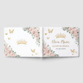 Blush roze bloemenvlinders goud quinceañera gastenboek (Volledig)