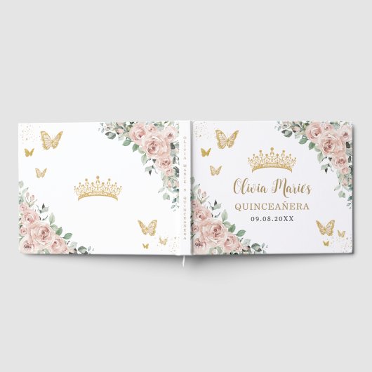 Blush roze bloemenvlinders goud quinceañera gastenboek (Volledig)