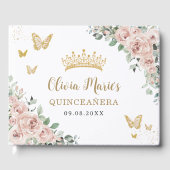 Blush roze bloemenvlinders goud quinceañera gastenboek (Voorkant)