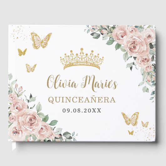 Blush roze bloemenvlinders goud quinceañera gastenboek (Voorkant)