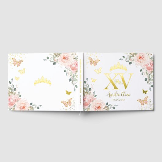 Blush roze bloemenvlinders goud quinceañera gastenboek (Volledig)