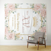 Blush roze bloemenvlinders goud quinceañera wandkleed (In Situ (horizontaal))