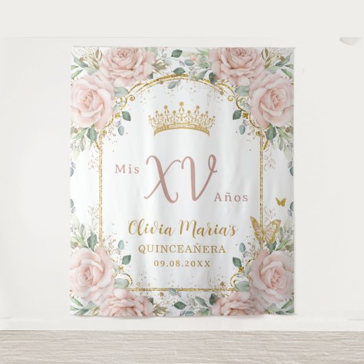 Blush roze bloemenvlinders goud quinceañera wandkleed (Voorkant)