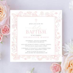 Blush roze bloemenvlinders Heilige doopkruis Kaart