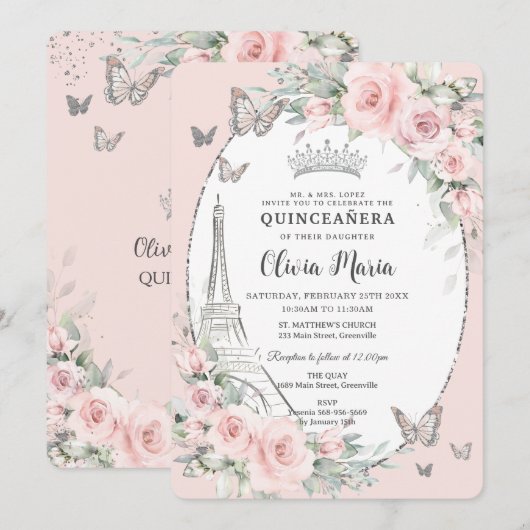 Blush roze bloemenvlinders Paris Quinceañera Kaart (Voorkant / Achterkant)
