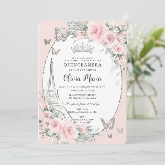 Blush roze bloemenvlinders Paris Quinceañera Kaart (Staand voorkant)