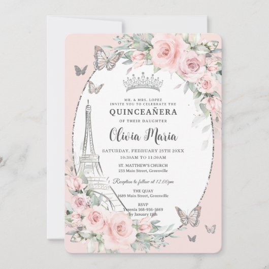 Blush roze bloemenvlinders Paris Quinceañera Kaart (Voorkant)