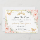 Blush roze bloemenvlinders quinceañera zoet 16 save the date (Voorkant)