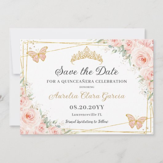 Blush roze bloemenvlinders quinceañera zoet 16 save the date (Voorkant)