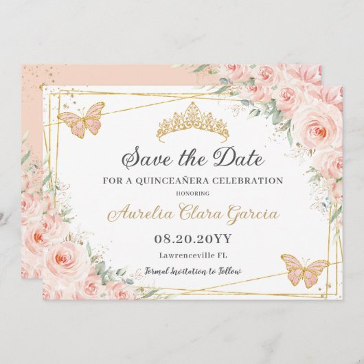 Blush roze bloemenvlinders quinceañera zoet 16 save the date (Voorkant / Achterkant)