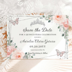 Blush roze bloemenvlinders quinceañera zoet 16 save the date
