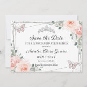 Blush roze bloemenvlinders quinceañera zoet 16 save the date (Voorkant)