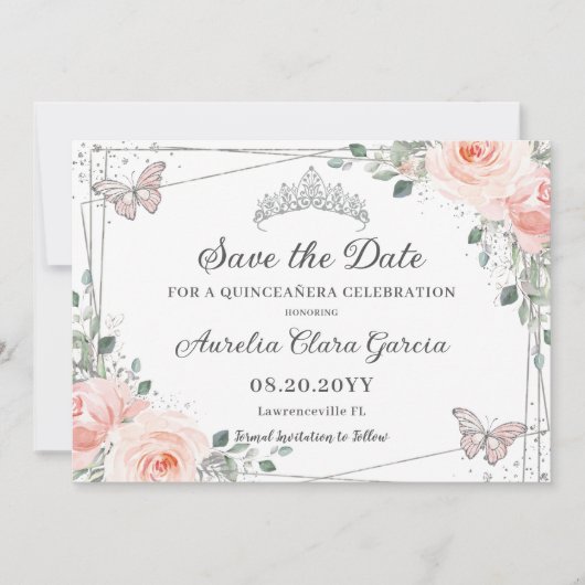 Blush roze bloemenvlinders quinceañera zoet 16 save the date (Voorkant)