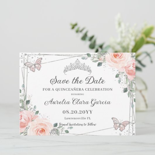 Blush roze bloemenvlinders quinceañera zoet 16 save the date (Staand voorkant)