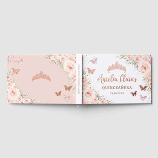 Blush roze bloemenvlinders Roos gouden Quince XV Gastenboek (Volledig)