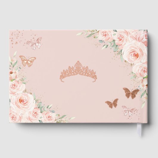 Blush roze bloemenvlinders Roos gouden Quince XV Gastenboek (Achterkant)