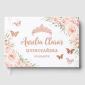 Blush roze bloemenvlinders Roos gouden Quince XV Gastenboek (Voorkant)