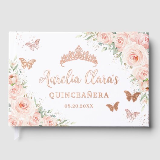 Blush roze bloemenvlinders Roos gouden Quince XV Gastenboek (Voorkant)