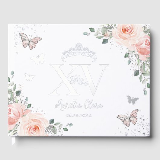 Blush roze bloemenvlinders zilver quinceañera gastenboek (Voorkant)
