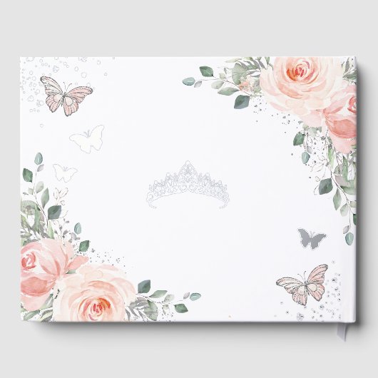 Blush roze bloemenvlinders zilver quinceañera gastenboek (Achterkant)