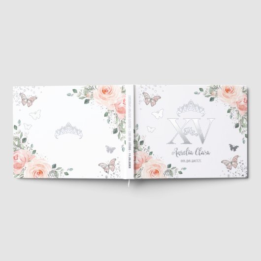 Blush roze bloemenvlinders zilver quinceañera gastenboek (Volledig)